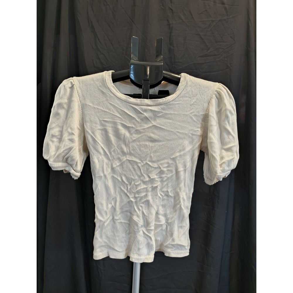 Altard State Large Puff Sleeve Cream Ivory Ribbed Fitted Top